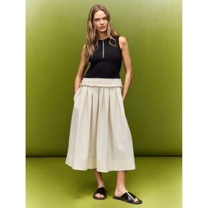 Plan C x RTR Knit Poplin Two Tone Pleated Midi Dress Sleeveless Black Beige Sz 8